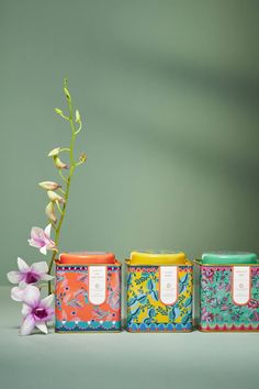 three colorful containers with flowers in them on a table