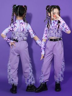 Purple printed hiphop rapper singers Jazz Dance Costumes Girls Kids Singers Band Group dance Costumes Girls party model show Catwalk Walk outfits Group Dance Costumes, Trendy Costumes, Walk Outfits, Dance Wear Hip Hop, Dance Shoes Jazz, Leotard Costume