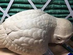 a white bird sitting on top of a wooden table