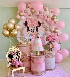 a pink and gold minnie mouse birthday party with balloons, confetti, cake