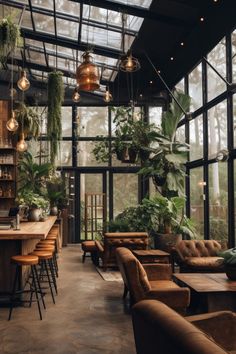 Plant Coffee Shop Interior Design, Glass Cafe Design, Whimsical Coffee Shop, Coffee House Aesthetic, College Room Inspiration, Nature Cafe, Sustainable Architecture House, Forest Cafe, Industrial Cafe