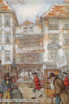 an old painting of people in the street