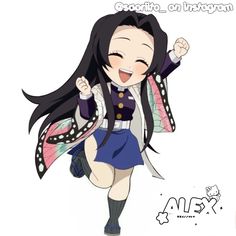 an anime character with long black hair wearing a blue dress and jacket, holding her arms up