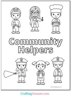 the community helpers coloring page is shown in black and white, with four children wearing uniforms