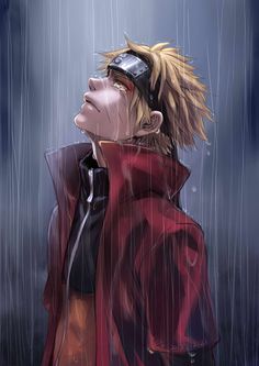 an anime character is standing in the rain with his head tilted back and eyes closed