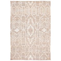 a beige and white rug with an intricate design on the bottom, in front of a white background