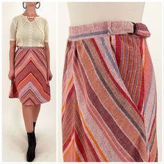 "70s woven chevron high waisted skirt. Decorative D-ring tabs at the waist (non-adjustable), hip pockets and back zipper. Shows average pilling to the fabric - see photos. In overall great vintage condition.  All measurements are taken with the garment laying flat and doubled for the bust, waist, and hips.  Waist: 27\" Hips: 39\" Length: 24\" Label: No brand Material: Not listed; looks like an acrylic blend; machine washable Size on Tag: N/A Approx. Fit: 27 waist; M Some garments have been adjusted in photos to fit the form. Please reference measurements provided for true size.  *I don't accept returns so please ask any questions before purchase. I'm happy to provide additional pictures, details, or measurements. See shop policies and FAQs for more information." Yellowstone Series, Nice Rompers, Horse Vintage, Boho Skirt, Womens Skirts, Pink Chevron, Boho Skirts, I'm Happy, D Ring