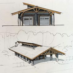 two drawings of a building with garages and windows on each side, one showing the roof