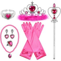 a set of princess accessories including gloves, tiara and bracelets with pink fur