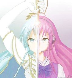 two anime characters one with pink hair and the other blue