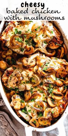 chicken with mushrooms and parsley in a white casserole dish