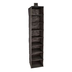 a tall wooden shelf with five shelves on each side and one section open to show the contents