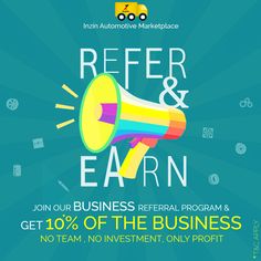 the refer and earn banner with a bullhorn on it, which reads refer & earn