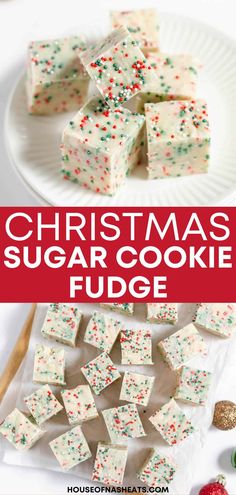 christmas sugar cookie fudge on a white plate with red and green sprinkles