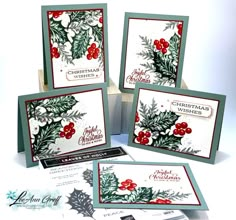 three christmas cards with holly and berries on them