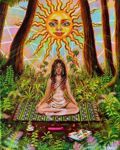 a painting of a woman sitting in the middle of a forest with sun above her head