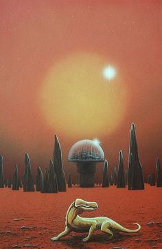 a painting of a lizard laying on the ground in front of a space station and mountains