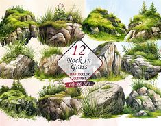 a painting of rocks and grass with a sign that says 12 rock in grass watercolour