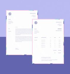 two letterheads on top of each other in front of a purple background