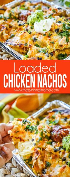 loaded chicken nachos with cheese and broccoli in a casserole dish