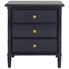 a black nightstand with three drawers and gold knobs on the bottom, against a white background