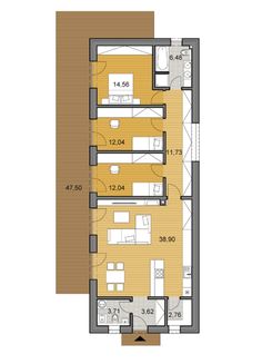 the floor plan for an apartment with three separate rooms and one bedroom, two bathrooms