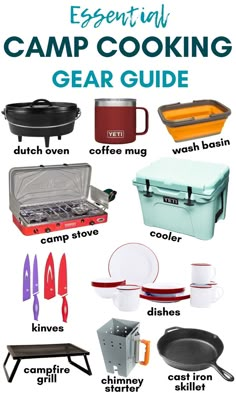 the essential camping cooking gear guide includes pots, pans, and other kitchen items