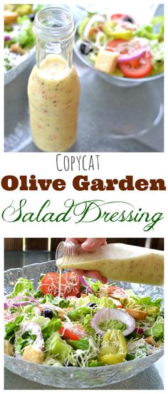 two pictures with salad dressing in them and the words copycat olive garden salad dressing