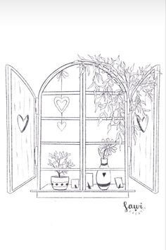 a drawing of an open window with potted plants on the ledge and hearts hanging from it