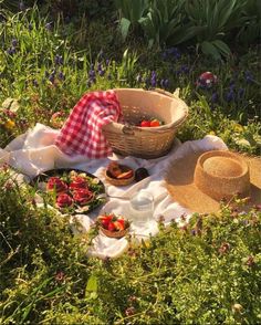 straw hats and picnic food on a blanket in the middle of a field with wildflowers