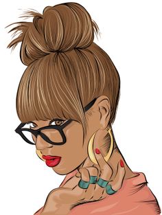 a drawing of a woman with glasses on her face and hair in a top knot