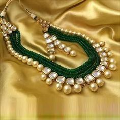 Gold Rodium Polish Green color Necklace in Metal Alloy studded with Kundan Navratri Ornaments, Jewelry Fabric, Kundan Jewellery Set, Happy Dhanteras, Choker Necklace Designs, Kundan Necklace Set, Kundan Jewelry, Antique Jewellery Designs, Pearl Necklace Designs