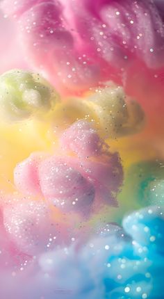 colorful bubbles floating in the water on a pink, yellow and blue background with white dots