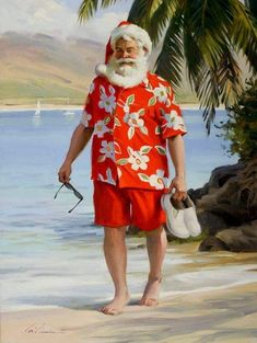 a painting of santa claus standing on the beach with his surfboard and hat in hand