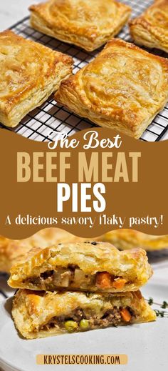 the best beef meat pies on a cooling rack with text overlay that reads, the best beef meat pies a delicious savory takeaway pastry