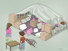 two children are standing in front of a tent with boxes on the floor and furniture scattered around it