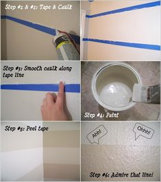 the steps to painting a wall with white paint and blue tape on it, including step - by - step instructions