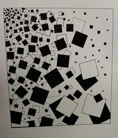 an abstract black and white drawing with squares, dots and rectangles on paper