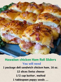 hawaiian ham roll sliders on a blue platter with instructions for how to make them