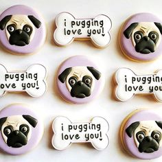 decorated cookies with dogs on them and saying i puggin love you in different languages