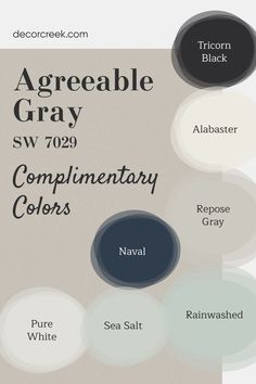 This image showcases a curated palette of complementary colors for Agreeable Gray SW 7029 by Sherwin Williams. The palette features a harmonious blend of neutrals and bold tones, including soft shades like Rainwashed and Sea Salt alongside deeper accents like Tricorn Black and Naval. Designed to evoke balance and style, this versatile selection enhances any interior with timeless elegance and modern flair. Accent Wall Agreeable Gray, Colors That Go With Sw Agreeable Gray, Sherwin Williams Pure White And Agreeable Gray, Tricorn Black Palette, Sw Agreeable Gray Coordinating Colors, Sw7029 Agreeable Gray, Agreeable Gray Sherwin Williams Palette, Trim Color With Agreeable Gray, Agreeable Gray With Light Wood Floors