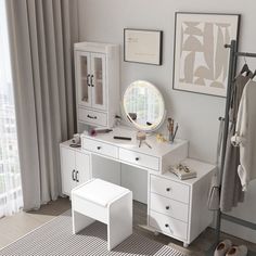 a white dressing table with mirror, stool and coat rack in front of a window