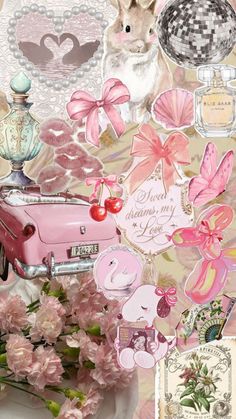 a collage of pink and white flowers, an old fashioned car, perfume bottles, and other decorative items