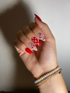 Nails with red cherry design Cherry Spring Nails, Valentines Day Nails With Cherries, Red And Cherry Nails, Hot Pink Cherry Nails, Cherry Acrylic Nail Designs, Nail Designs On Clear Nails, Cherry Checker Nails, Neon Cherry Nails, Checkered Cherry Nails