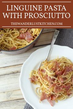 a white plate topped with spaghetti and bacon next to a pot of pasta on a wooden table