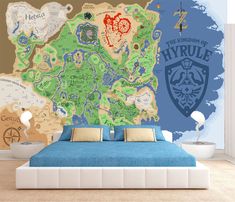 a bedroom with a large map on the wall and blue bed in front of it