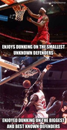 two basketball players jumping up to dunk the ball in front of an audience with caption that reads, enjoy dunking on the smallest unknown defenders