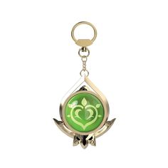 a keychain with a green and white design on the front, hanging from a metal hook