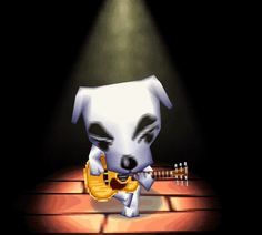 an animated dog with a guitar in its mouth on a wooden floor and light coming from behind him