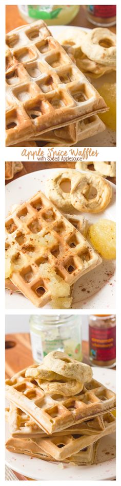 three different views of waffles with peanut butter on top